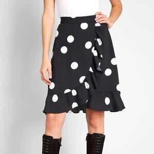 MODCLOTH It's A Wrap Ruffled A Line Skirt Polka Dot Black White 12